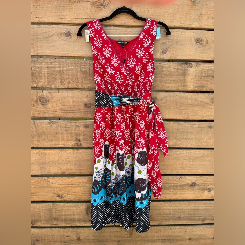 NWT Chaudry KC Boho Smocked waist, belted, midi length dress, red multi, Small
